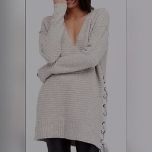 Gray V-Neck Sweater with Side Tie Detail